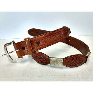 Justin Boots Leather Belt Braided Accents Silvertone Engraved Metal Trim Size 34
